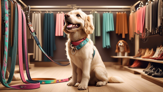 Create an image of a cozy pet boutique displaying a variety of stylish designer dog leashes. The leashes should come in different colors, patterns, and materials, such as leather, nylon, and eco-frien