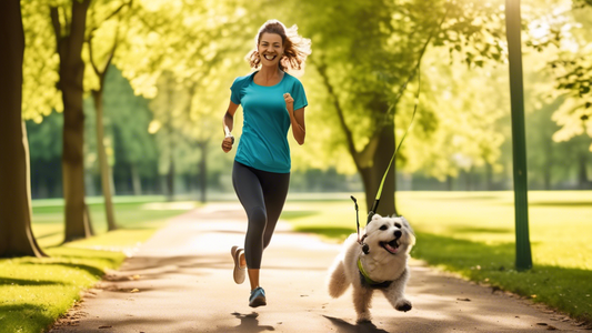 Create an image of a person jogging in a park with their dog, using a hands-free dog lead attached to their waist. The person looks happy and relaxed, hands freely swinging by their sides, while the d
