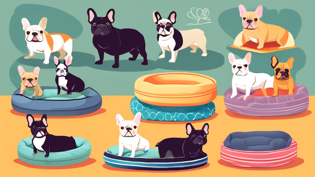 Image showcasing the best dog beds for French Bulldogs: a variety of beds in different styles, shapes, and colors, such as orthopedic beds, cozy donut beds, and cooling mats, all arranged in a cozy li
