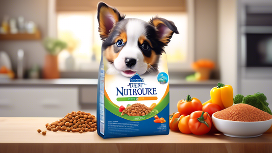 Create an image of a cheerful, healthy puppy enjoying a bowl of NutriSource Puppy Food in a beautifully lit kitchen. The packaging of NutriSource Puppy Food should be clearly displayed nearby, showcas