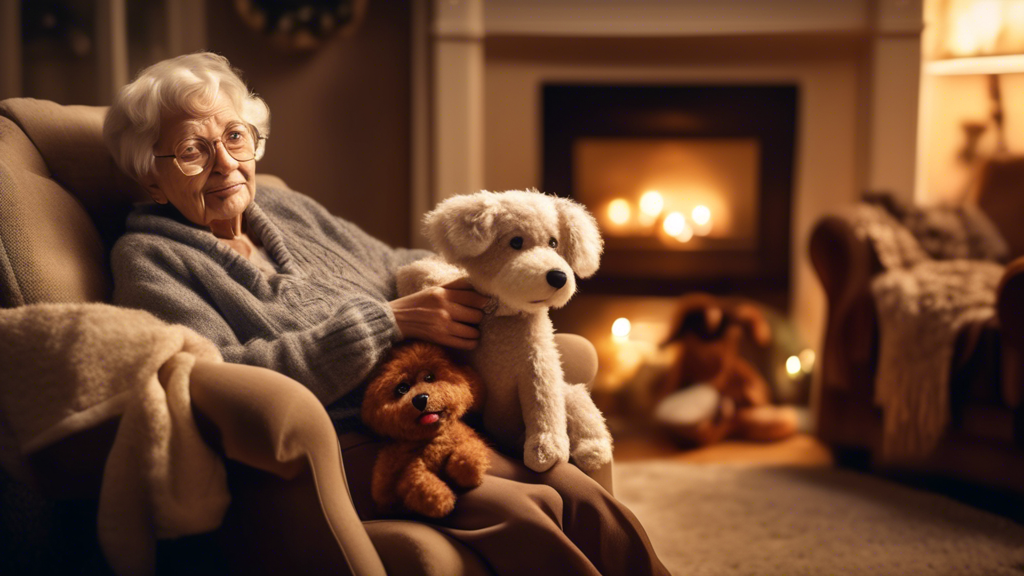 Create an image depicting an elderly person sitting on a cozy chair in a warmly lit living room, holding a detailed, realistic stuffed dog in their lap. Surroundings include a child playing on the flo