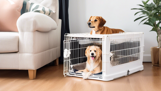 A bright, cozy room with a stylish white wire dog crate complete with a soft, inviting bed inside. A happy dog sits beside the crate, wagging tail, looking content. Various crate sizes are displayed i