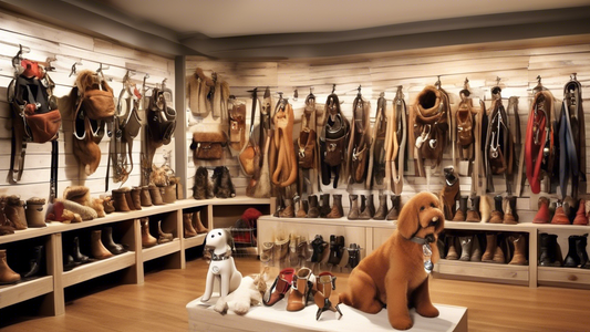 Create an image of a stylish, well-organized display showcasing a variety of Boots and Barkley harnesses for dogs. Include different colors, sizes, and styles of harnesses hung neatly on hooks or mann