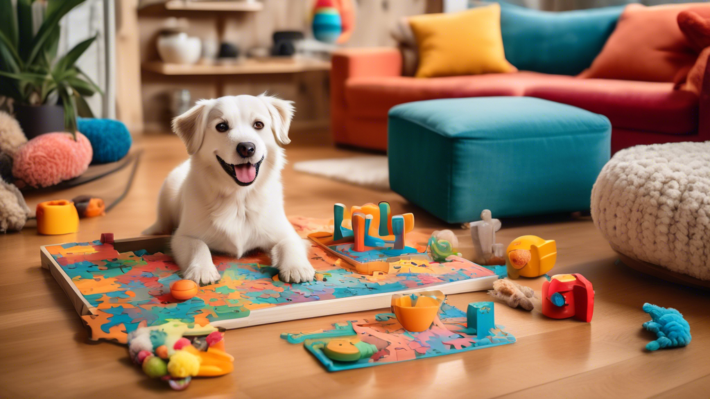 A cozy living room setting with a happy dog, surrounded by various interactive dog puzzles and toys. The dog is engaged, with one paw on a puzzle toy that dispenses treats, another toy resembling a ma