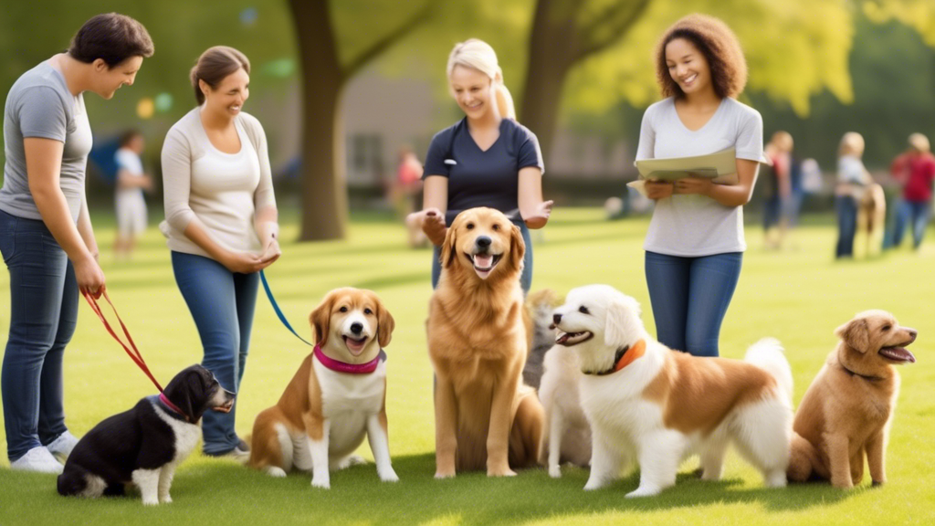 Create an image of a cheerful, diverse group of beginner dog trainers in a spacious park. They're engaging in various training activities with their well-behaved dogs, which include different breeds a