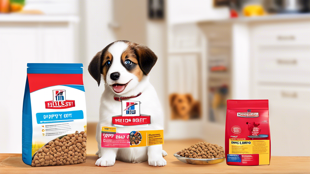 Create an image of a happy, energetic puppy sitting beside a bag of Hill's Science Diet puppy food. The scene should show a cozy, home environment with toys scattered around and a food bowl half-full 