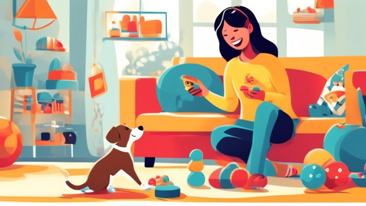 An enthusiastic dog owner using a clicker to train their happy, well-behaved puppy in a bright, inviting living room setting, with various dog toys and treats nearby.