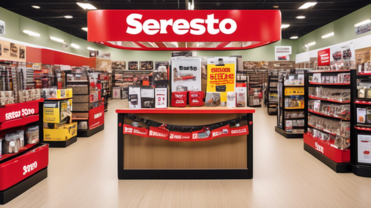 Create a vibrant and welcoming image of a modern Tractor Supply store with a prominent display of Seresto collars for dogs and cats. The display should showcase the collars in their packaging, highlig
