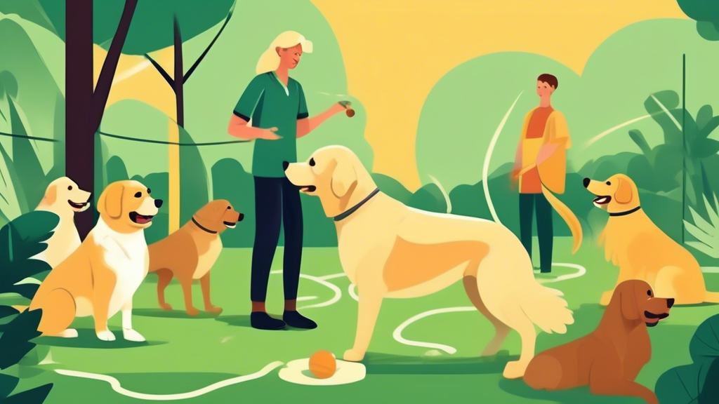 A highly skilled dog trainer in a lush, green outdoor setting, demonstrating advanced training techniques with a well-behaved golden retriever. The dog is performing an impressive trick, while other o