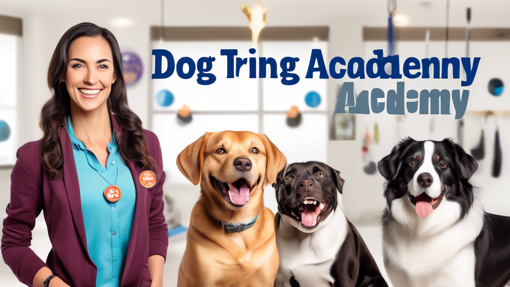 Create an image showing a joyful person in a professional training environment, wearing a Certified Dog Trainer badge. They are surrounded by cheerful dogs of various breeds, performing tricks and sho