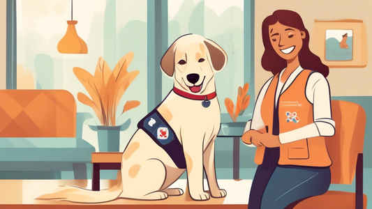 Create an image of a friendly therapy dog in a variety of well-fitted vests, displaying badges and patches for different types of therapy work (such as emotional support, autism service, and mobility 