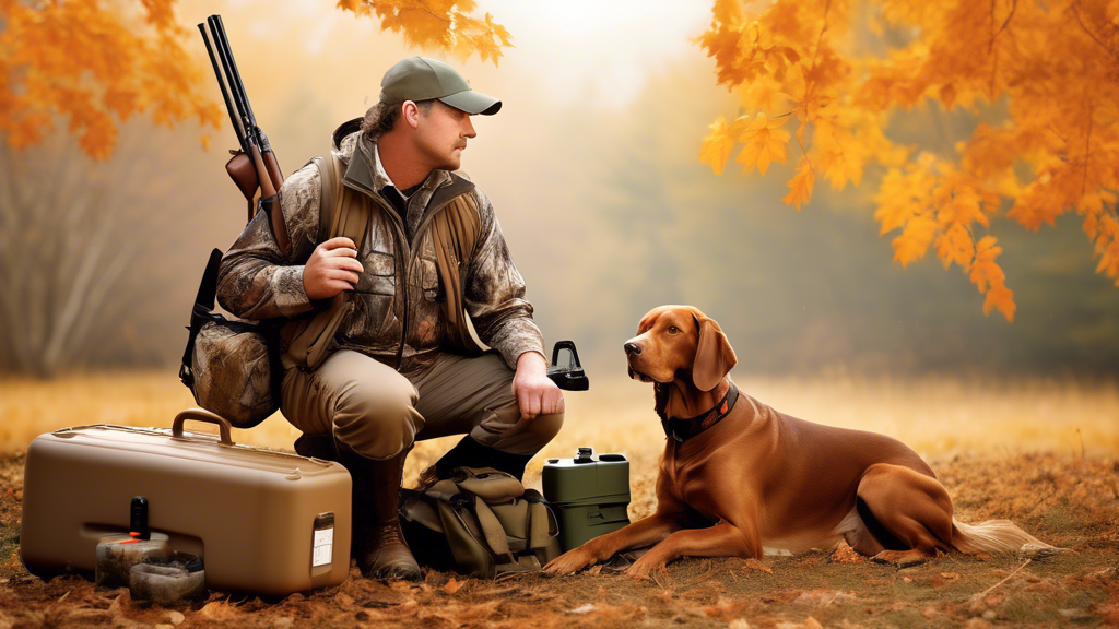 Create an image of a hunter preparing for a hunting trip with his gundog. The scene includes essential supplies such as a whistle, training dummies, a first aid kit, a hunting vest, a water bottle, a 