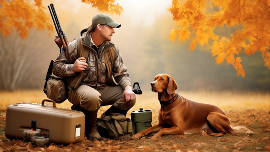 Create an image of a hunter preparing for a hunting trip with his gundog. The scene includes essential supplies such as a whistle, training dummies, a first aid kit, a hunting vest, a water bottle, a 