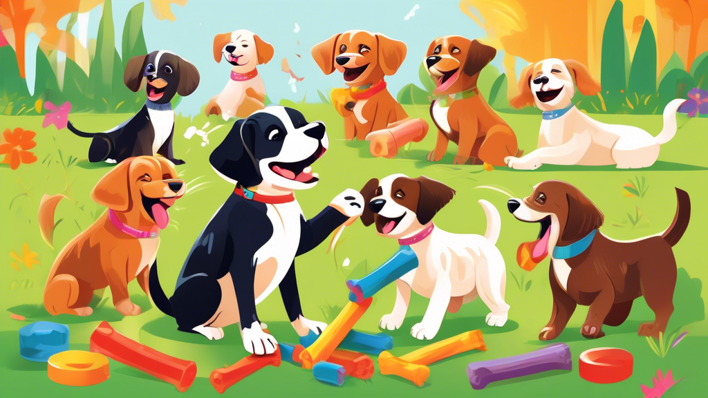 Create an image of playful, happy puppies of various breeds joyfully chewing on colorful, high-quality chew bones in a bright, grassy backyard. Include a friendly, knowledgeable pet owner recommending