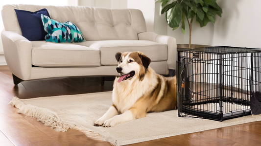 Create an image of a happy large dog inside a perfectly-sized, sturdy dog crate with chew-resistant features. The crate should have a comfortable bed inside and should be placed in a cozy living room 