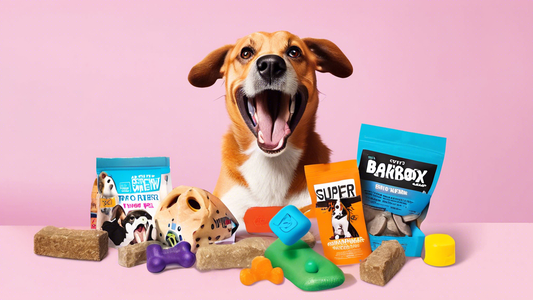 Create an image of a happy dog surrounded by a variety of durable, tough chew toys and treats from a BarkBox Super Chewer subscription box, with vibrant packaging and branding. Include the dog excited