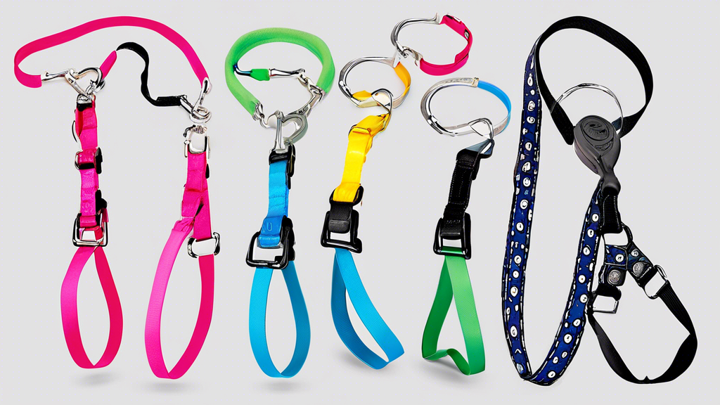 An informative illustration showing a variety of high-quality retractable dog leashes designed specifically for large dogs. The image should include different styles and features such as sturdy handle