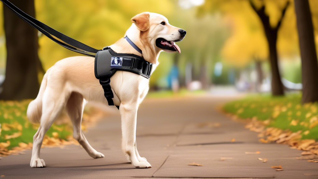 A detailed and high-quality image of a well-designed service dog harness with a sturdy handle. The harness is being worn by a happy, well-groomed service dog. The harness should have visible buckles, 