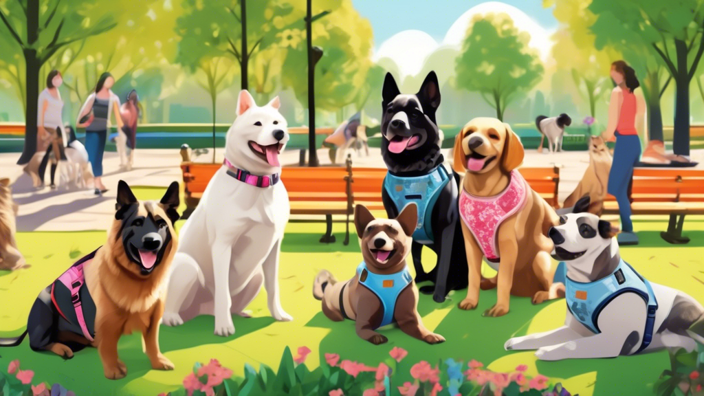 A cheerful scene of various dog breeds wearing different types of comfortable and stylish dog harnesses in a sunny park. The dogs are playing, lounging, and walking with their owners, showcasing the h