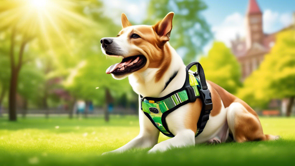 A happy dog wearing a 'Pet Safe 3-in-1 Harness' in a vibrant park setting. The harness is shown providing comfortable support, complete control, and enhanced safety features. The background showcases 