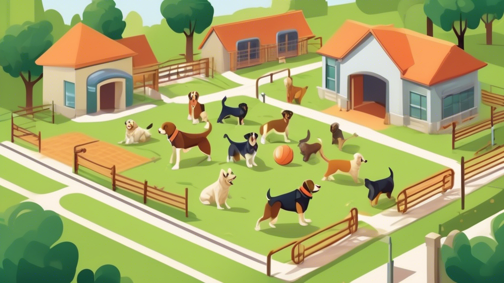 Create a detailed and inviting illustration of a dog training facility with happy dogs receiving training from professional trainers. Include various training activities like agility courses, obedienc