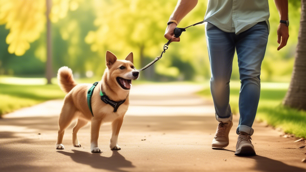 A cheerful dog exploring a scenic park while attached to a flexi leash, with happy expressions on both the dog and the owner. The owner is holding the retractable leash handle, smiling, as the dog roa