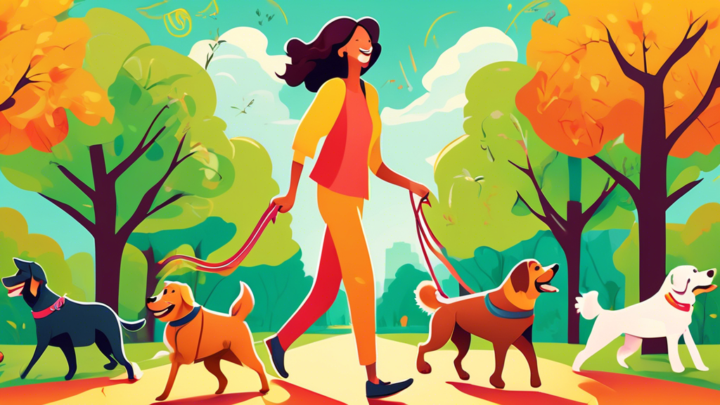 Create an image of a joyful pet owner walking multiple happy dogs of different breeds on a well-designed, tangle-free multi-dog leash in a vibrant park setting, with lush green trees and a sunny sky i