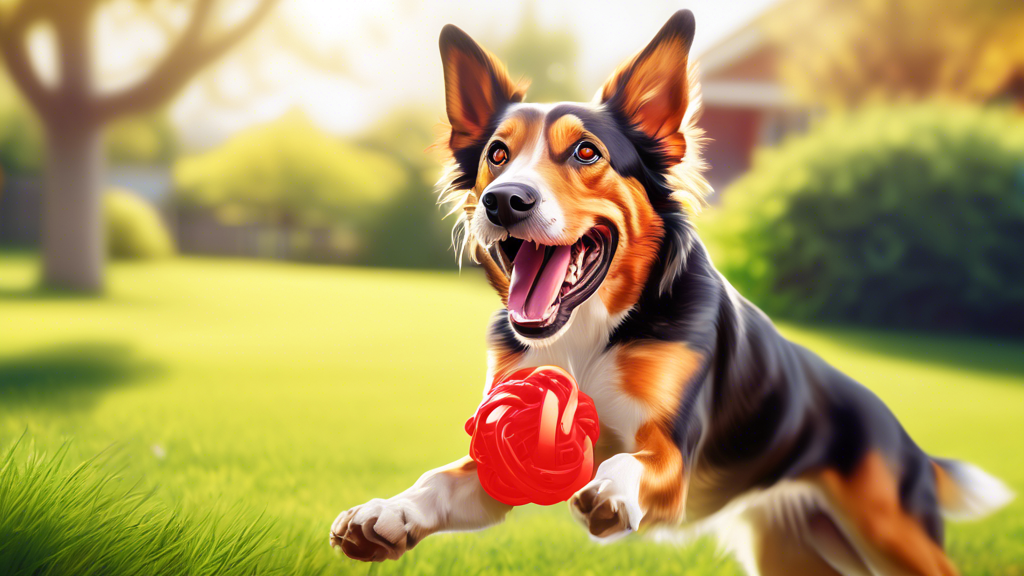 Create an image of a happy dog playing with a Kong Scrunch Knots toy in a sunny backyard. The toy should look durable and fun, with vibrant colors and a knotted design. The dog should appear energetic