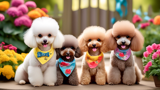 Create a heartwarming and charming image of tiny, fluffy poodles of various colors playing joyfully together in a beautifully decorated garden. Each poodle has a cute accessory like a bow or bandana, 