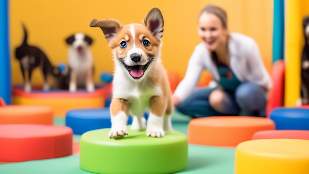 An adorable, energetic puppy surrounded by a few professional dog trainers, set in a well-equipped, colorful training facility. The trainers are actively demonstrating various training techniques, usi
