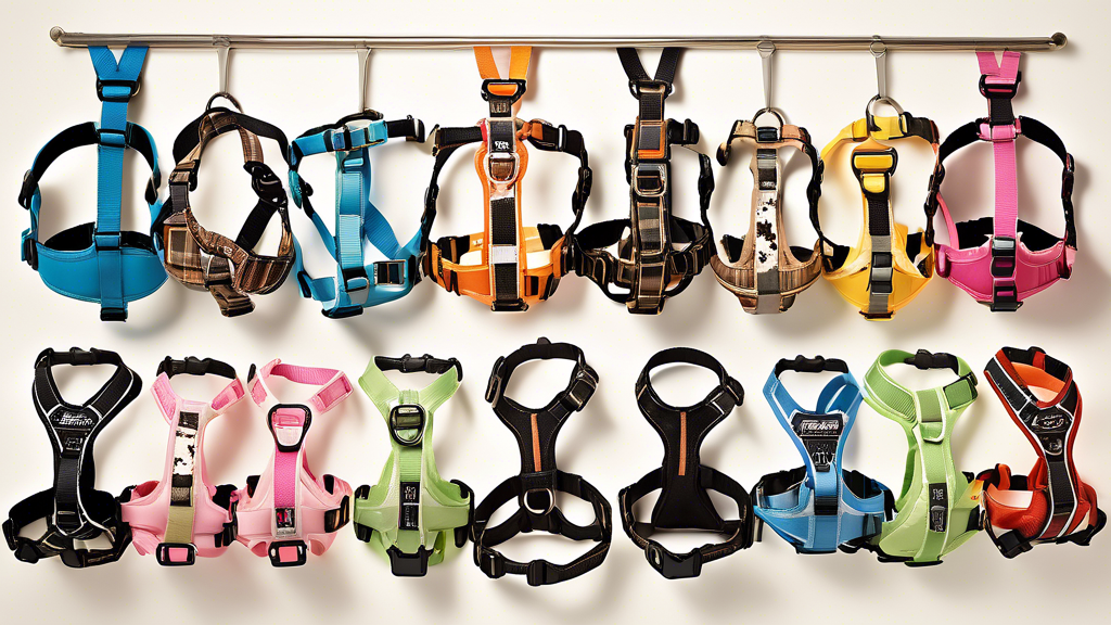 Create an image of a variety of stylish and functional dog harnesses displayed neatly, each designed for medium-sized dogs. Include a happy, medium-sized pup wearing a harness, with a few other harnes