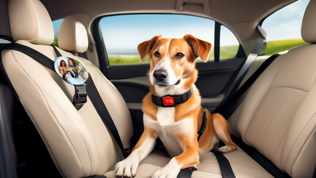 Create an image of a happy, alert dog safely secured in a car seat with a high-quality dog seat belt. The car interior should be clean and modern, with the dog comfortably sitting on a cushioned seat.