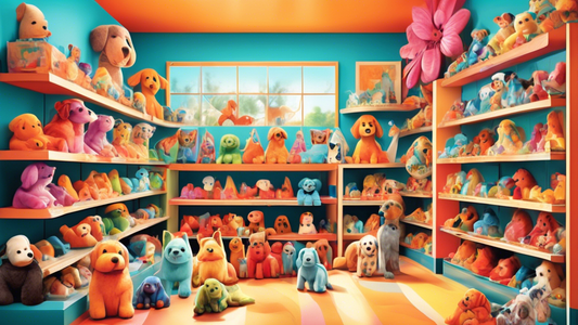 A vibrant and cozy toy store aisle with an array of large plush dog toys in various shapes and colors, including realistic-looking dog breeds, whimsical creatures, and playful patterns. Shelves are ne