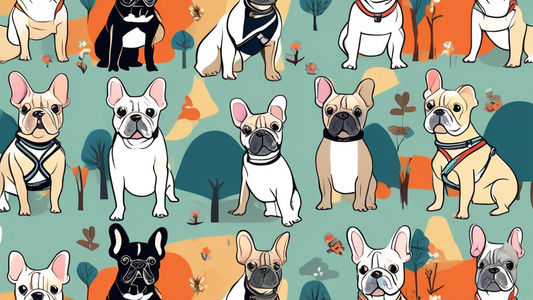 Create an image of a happy French Bulldog in a park, wearing a comfortable and stylish harness. Show a variety of harness options (sizes, colors, and styles) displayed on a nearby stand. Include a pla