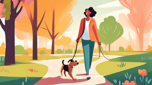 Create an illustration that shows a confident dog owner happily walking their dog on a leash in a peaceful park. The dog is calm and walking beside the owner without pulling on the leash. Include visu