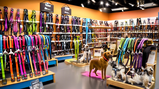 Create a detailed image of a variety of Hurtta dog harnesses on display in a pet store setting. The display should feature dogs of different breeds and sizes wearing the harnesses, showcasing the rang