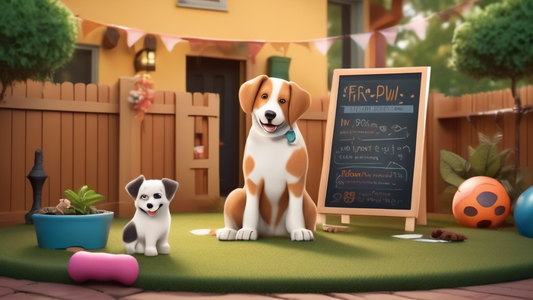 Create an image of a friendly dog trainer working with a playful dog in a cozy backyard setting. Include a small chalkboard sign in the background that lists different training services such as Basic 