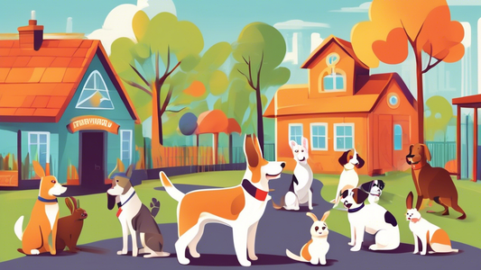 Create an image of a friendly neighborhood pet training facility with a welcoming sign, showing happy pets of various kinds (dogs, cats, rabbits) engaging in training activities with professional trai