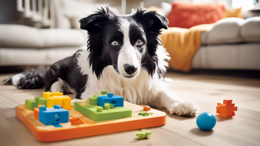 Create an image of a highly intelligent dog, such as a Border Collie or Poodle, interacting with a complex, multi-stage puzzle toy designed for advanced problem-solving. The scene should show the dog 