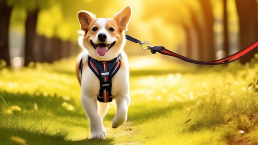 Create an image of a medium-sized, happy dog wearing a well-fitted Freedom No Pull Harness on a bright, sunny day. The dog is walking calmly beside a joyful owner along a tree-lined path in a park. Th