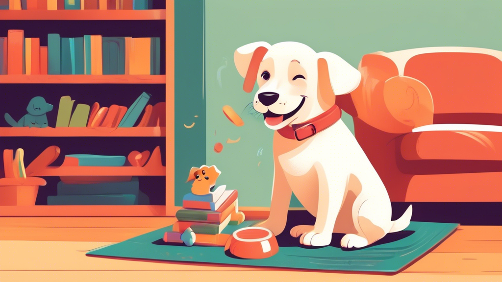 An adorable puppy sitting in a cozy living room, playfully biting a chew toy while a smiling owner gently guides its behavior. Background includes training aids, a comfortable dog bed, and a bookshelf
