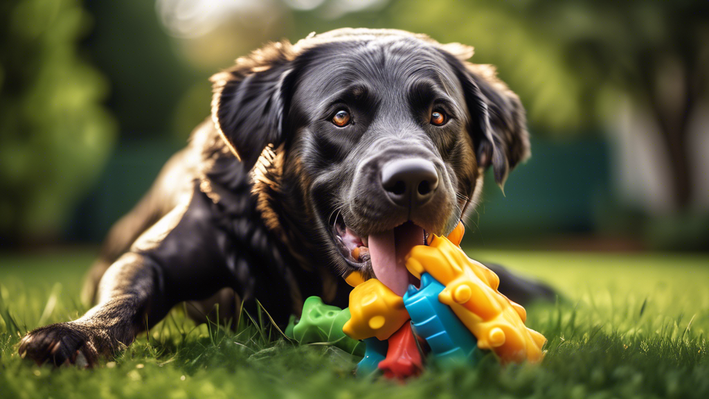 A highly detailed image of an exuberant, muscular dog with a shiny, healthy coat, energetically chewing on a rugged, durable toy. The toy, designed for heavy chewers, should have vibrant colors and in