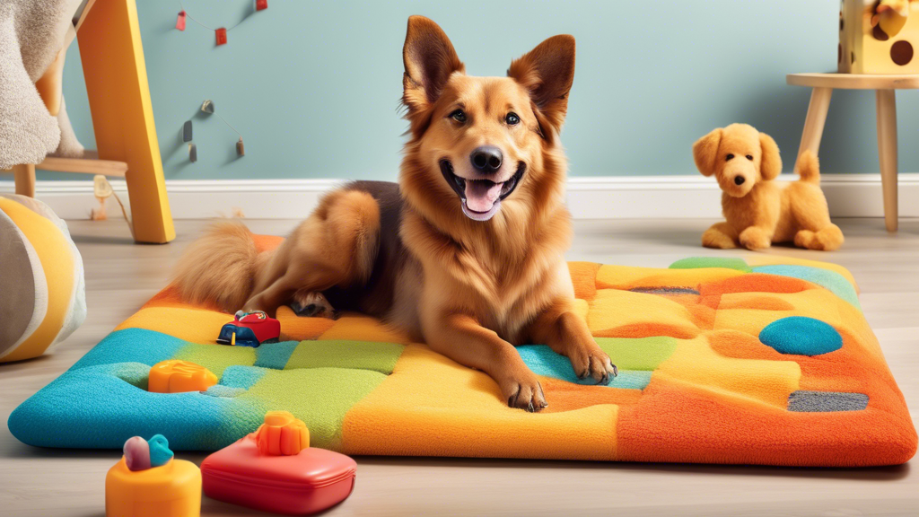 Create an image that showcases a cheerful, playful dog enjoying a vibrant, interactive play mat filled with various textures, toys, and engaging activities. The scene should highlight the dog's happin