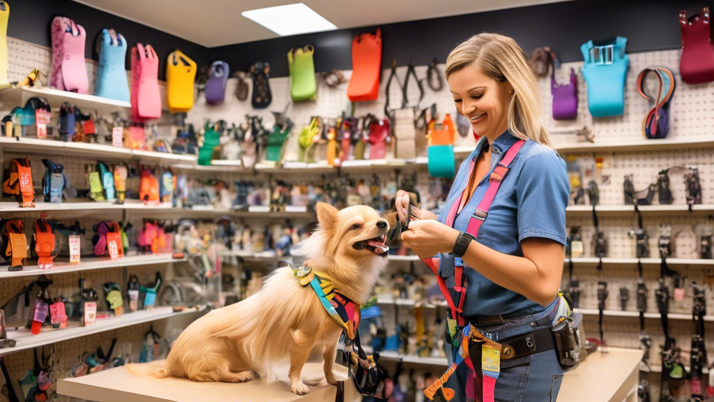An inviting pet store with a colorful display of various small dog harnesses on shelves. Each harness has unique designs and is neatly arranged by size. In the foreground, a smiling pet owner is caref