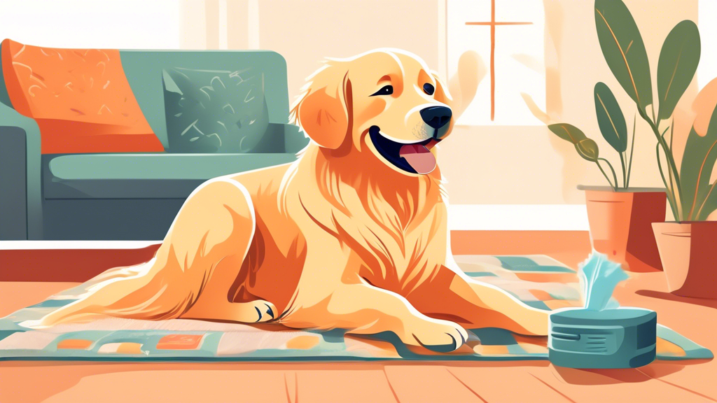 A cheerful Golden Retriever sitting comfortably on a cozy rug, having its paws gently cleaned with essential dog paw wipes by a smiling owner. The scene is set in a bright, well-lit living room with a