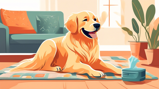 A cheerful Golden Retriever sitting comfortably on a cozy rug, having its paws gently cleaned with essential dog paw wipes by a smiling owner. The scene is set in a bright, well-lit living room with a