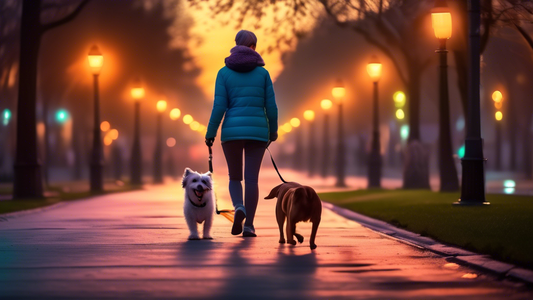 Create an image of a happy dog walking with its owner during dusk, using a bright, colorful lighted dog leash. The scene should depict the benefits of enhanced visibility and safety, with the leash gl