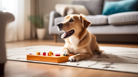 Create an image of a happy dog engaging with a complex, interactive puzzle toy from Nina Ottosson's Level 3 collection. The puzzle features multiple compartments, sliders, and hidden treats. The scene