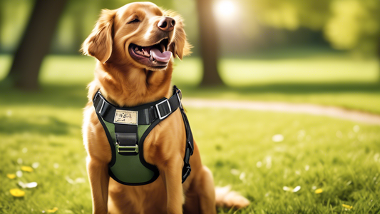 Create an image of a happy dog wearing a high-quality, escape-proof harness. The scene should be set in a well-lit park with green grass and trees, with the dog and its owner enjoying a walk. The harn