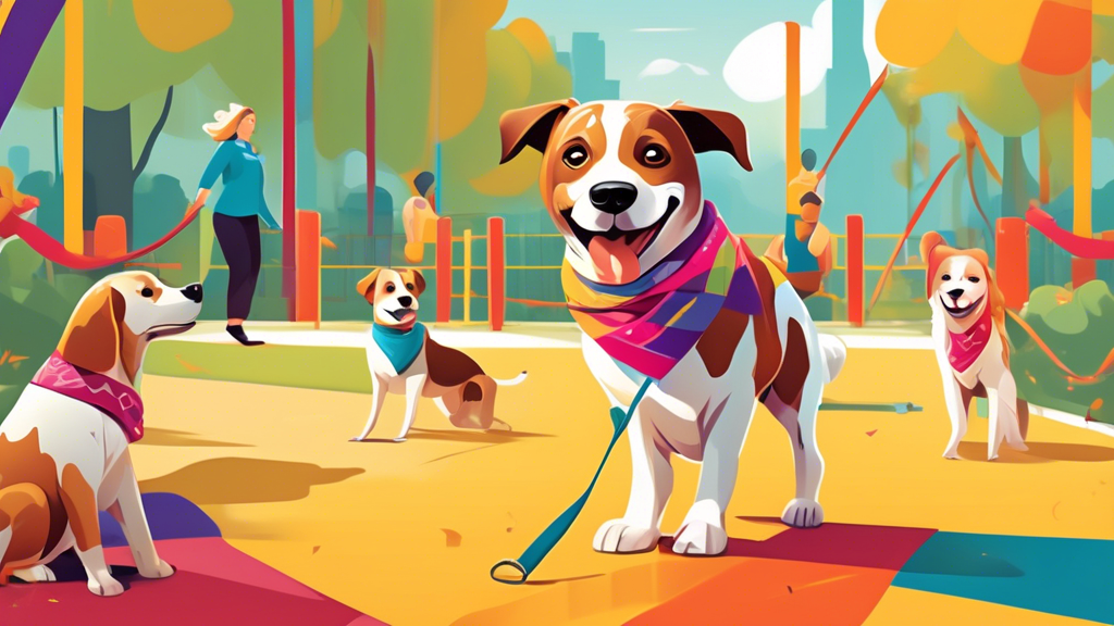 Create an image of a happy and well-behaved dog in a vibrant outdoor setting, wearing a stylish bandana. Surround the dog with training equipment like agility poles, hurdles, and balance beams. In the